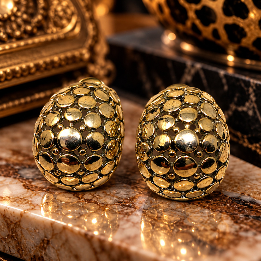 Y2K MSC Chunky Gold Tone Dome Earrings Textured Disc Statement Pierced 1"